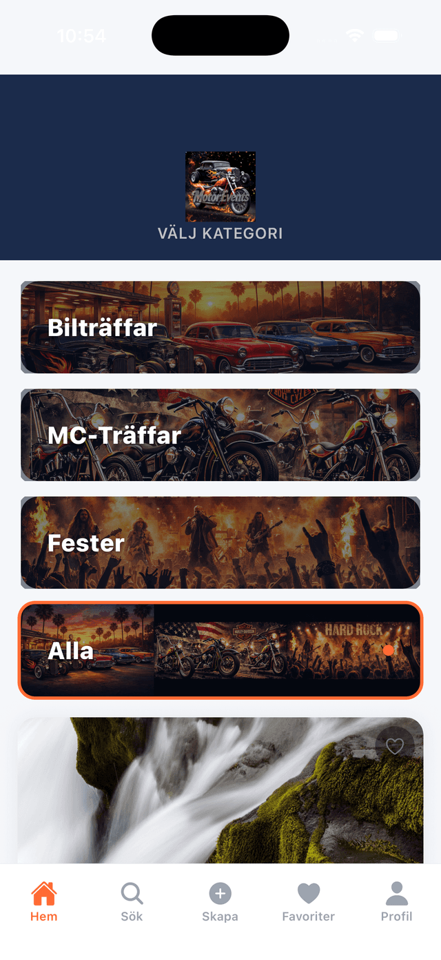 MotorEvents Nordic app — välj kategori