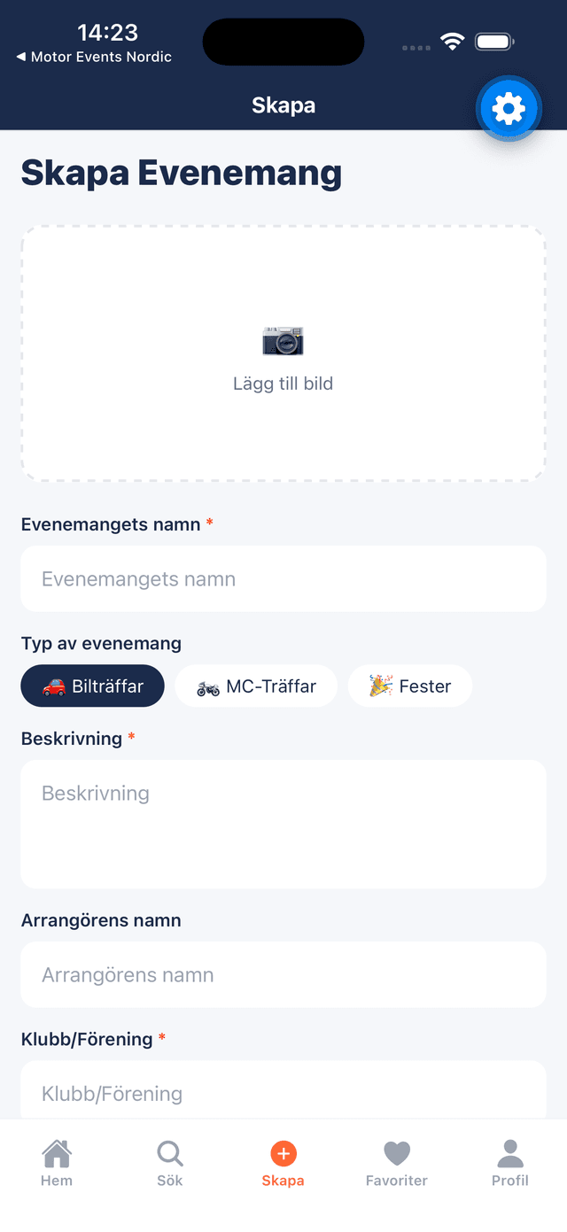 Skapa evenemang — formuläret i appen